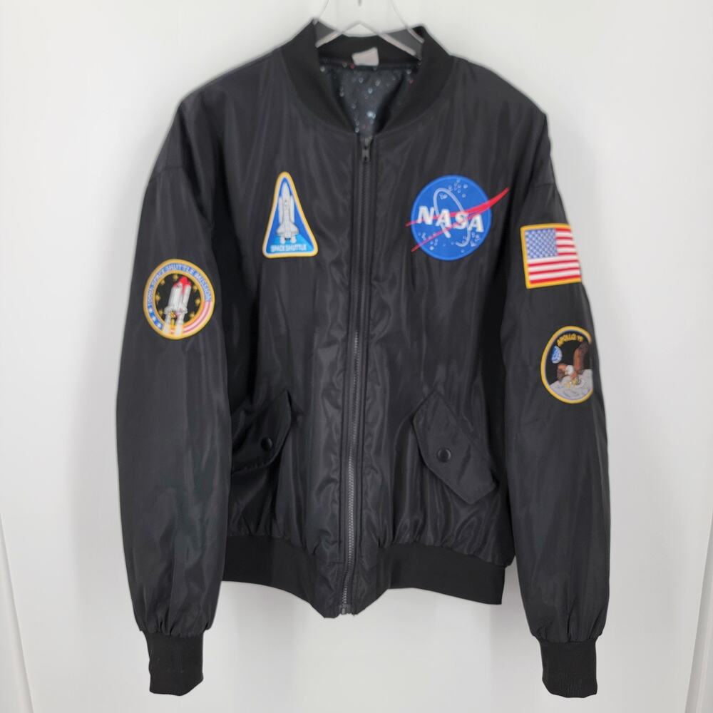 Spirit Halloween NASA Jacket Mens Large Black Zip Up Patches Pockets